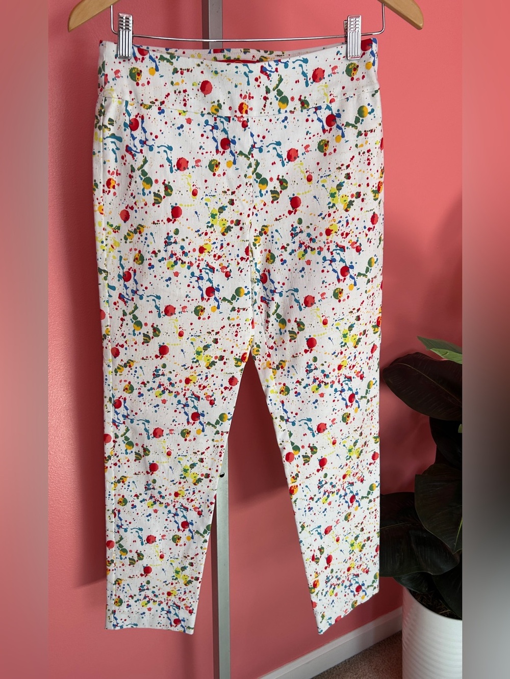 Krazy Larry Paint Splatter Pull On Ankle Pants Stretch White Size 4 Like New - Picture 4 of 8
